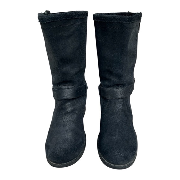 UGG Black Suede Leather Silvia Moto Boots w/ glossy Snake Print gusset. SZ. 6 - Picture 4 of 10